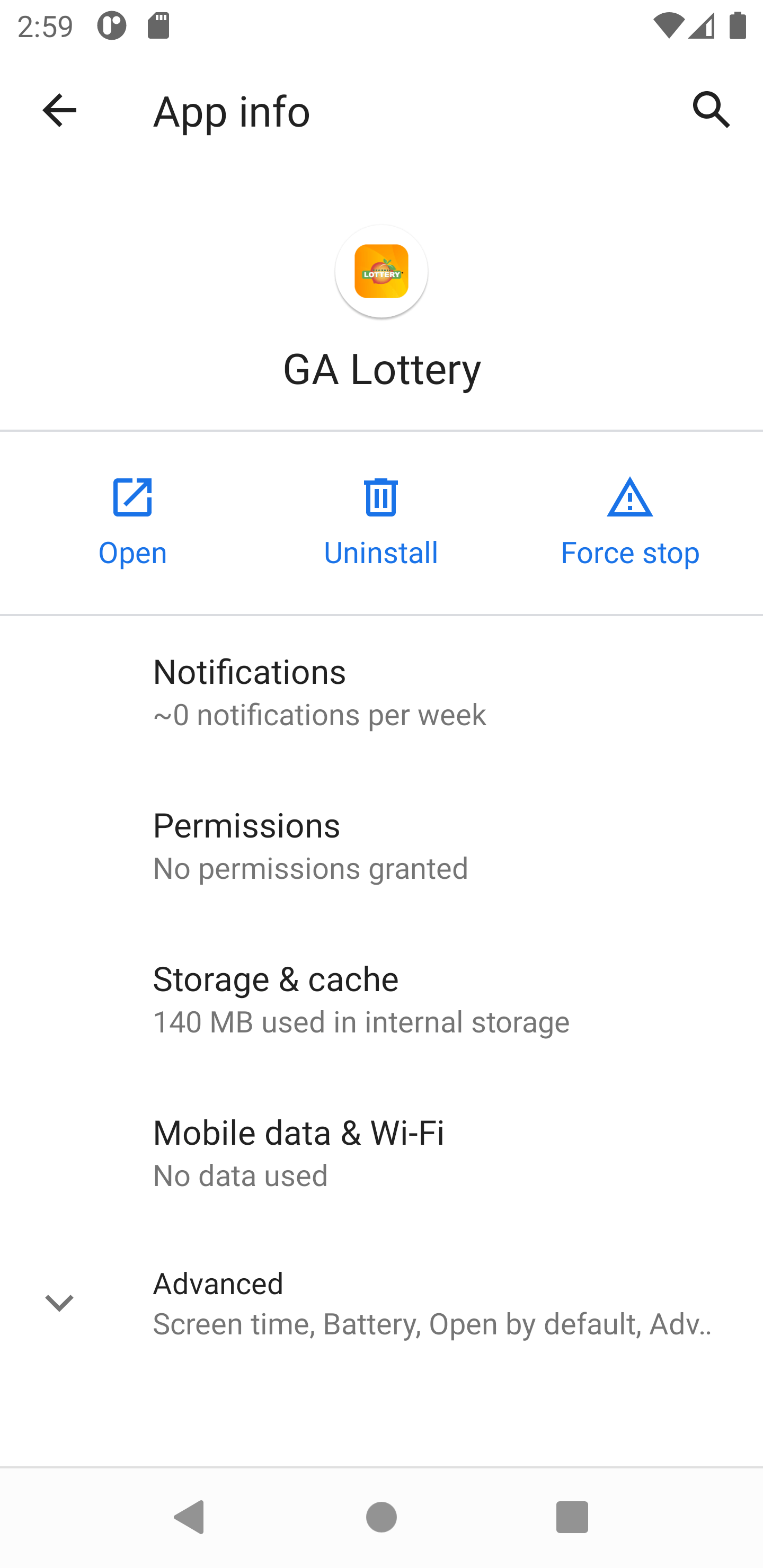 uninstall ga lottery app from app info menu